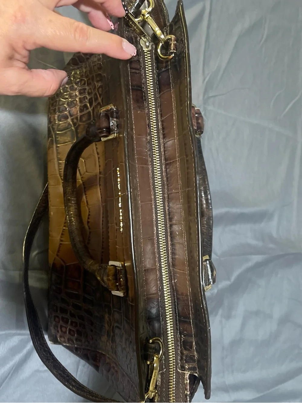 Michael Kors Two-Tone Brown Croc-Embossed Leather Satchel with Gold Hardware